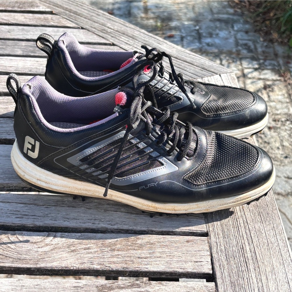 Athletic‎ Sporty Golf Shoes FootJoy Fury 10W Black Leather Mesh Spiked Cleats